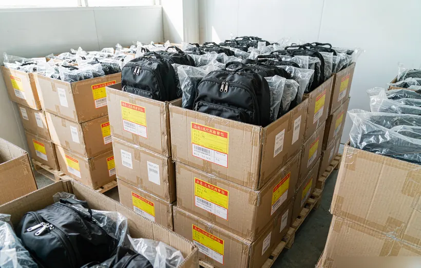 Packed backpacks in export cartons in Kovoeky factory