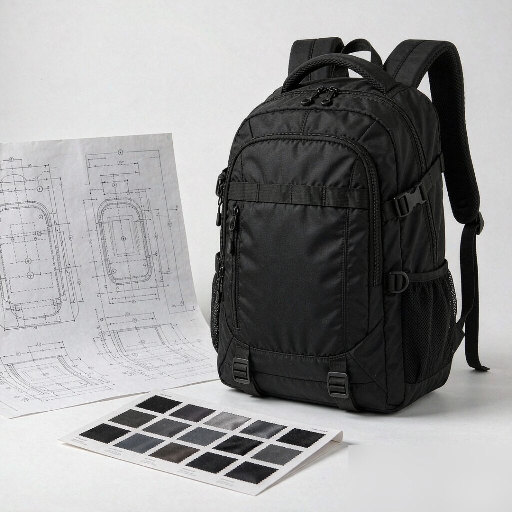 Custom OEM backpack with CAD pattern and fabric swatches