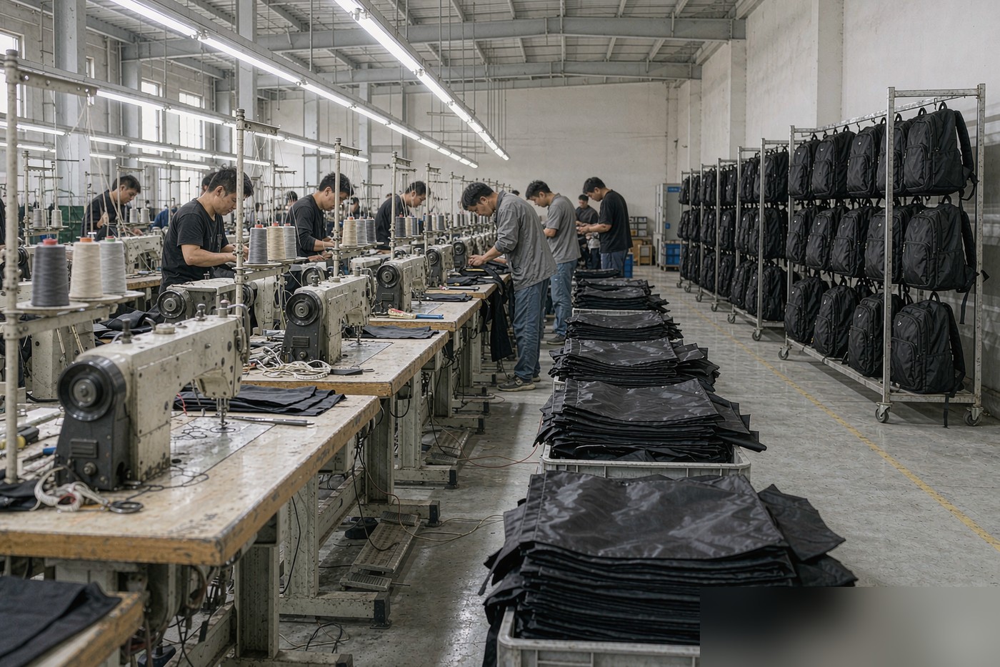 Kovoeky bag production floor with sewing workstations and finished backpacks
