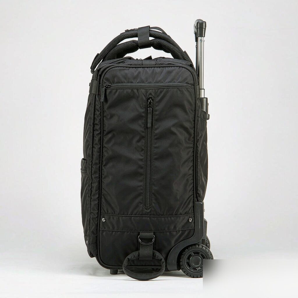 Black rolling backpack with wheels and telescopic handle