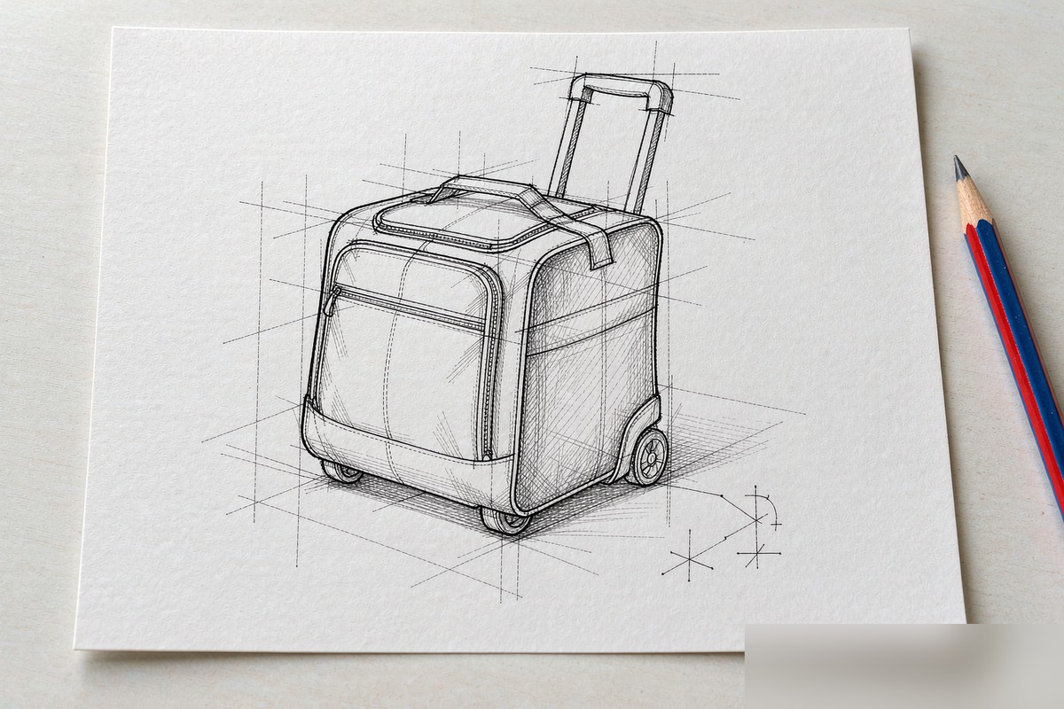 Technical line drawing of a rolling trolley duffel bag before sampling